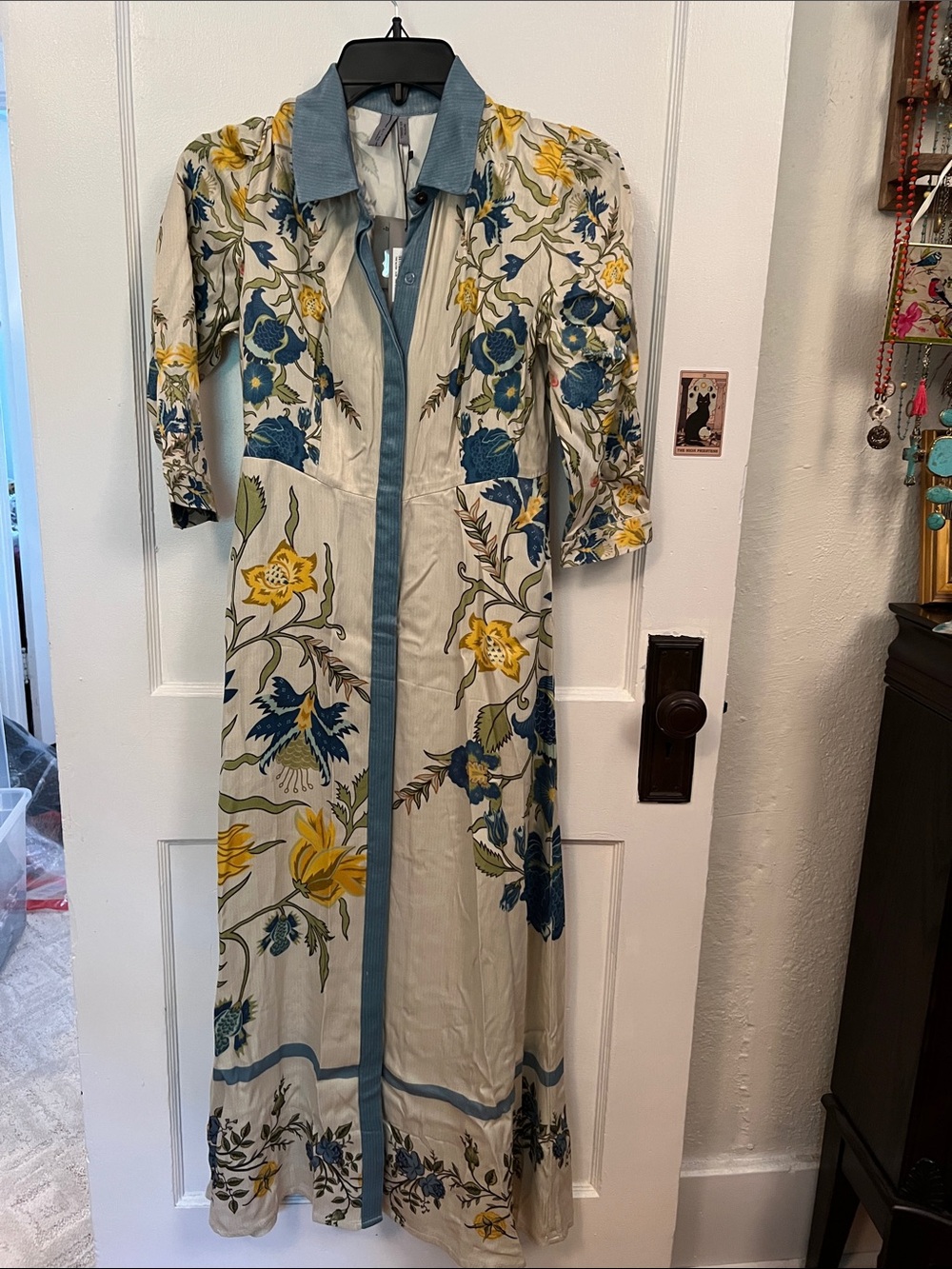 Ivory Maxi Shirt Dress with Blue & Yellow Floral Print